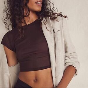 Free People Sheer Brown Tee Shirt Women's Medium Cropped Festival Mesh Bohemian